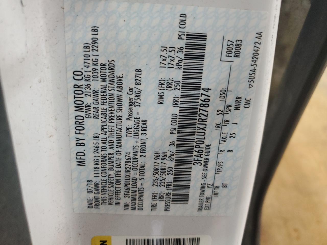 2018 Ford Fusion Se Hybrid VIN: 3FA6P0LUXJR278674 Lot: 54028005