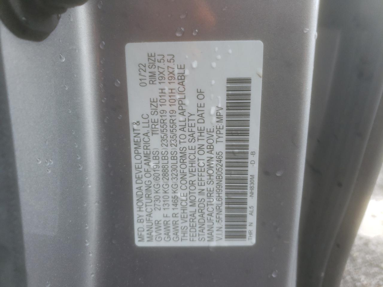 2022 Honda Odyssey Elite VIN: 5FNRL6H99NB052465 Lot: 58403495