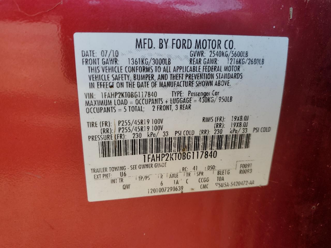 2011 Ford Taurus Sho VIN: 1FAHP2KT0BG117840 Lot: 55505545