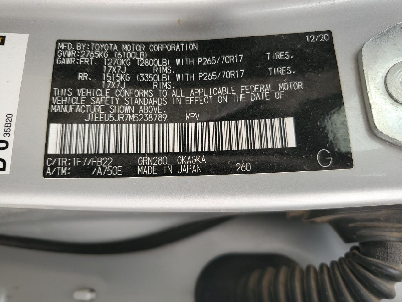 2021 Toyota 4Runner Sr5 VIN: JTEEU5JR7M5238789 Lot: 56677715