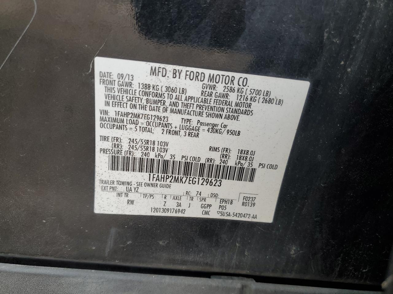 2014 Ford Taurus Police Interceptor VIN: 1FAHP2MK7EG129623 Lot: 57843025