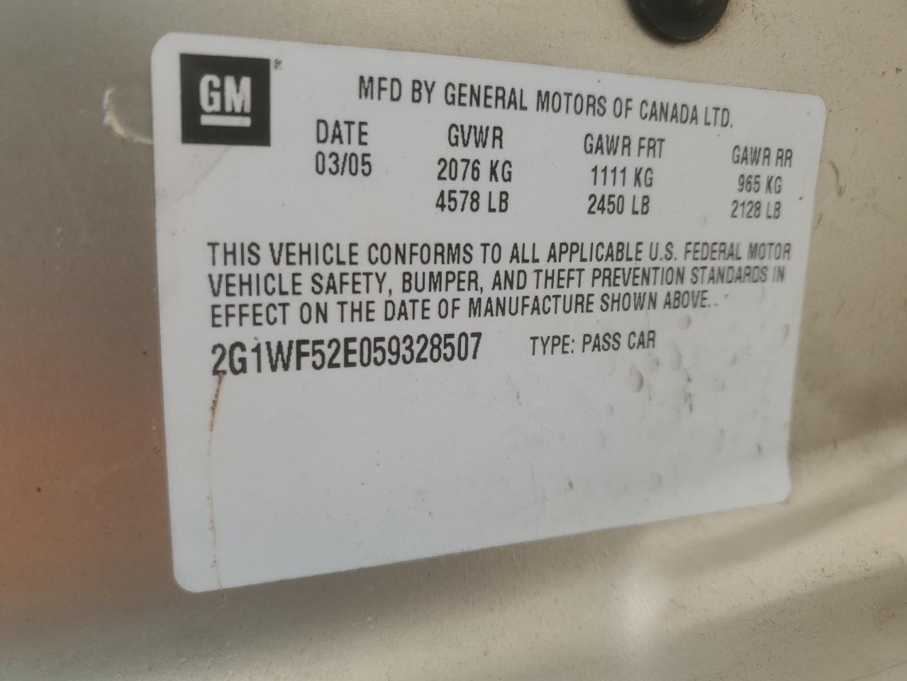 2005 Chevrolet Impala VIN: 2G1WF52E059328507 Lot: 56507965