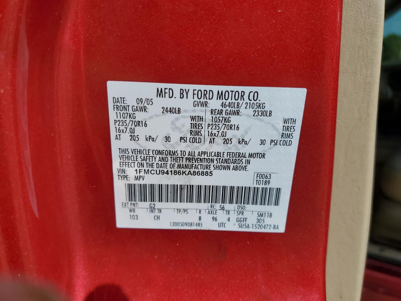 2006 Ford Escape Limited VIN: 1FMCU94186KA86885 Lot: 55566465