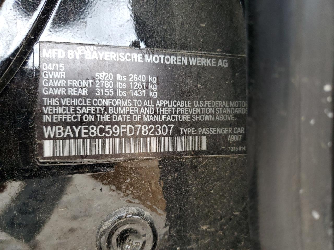 2015 BMW 750 Li VIN: WBAYE8C59FD782307 Lot: 55586345