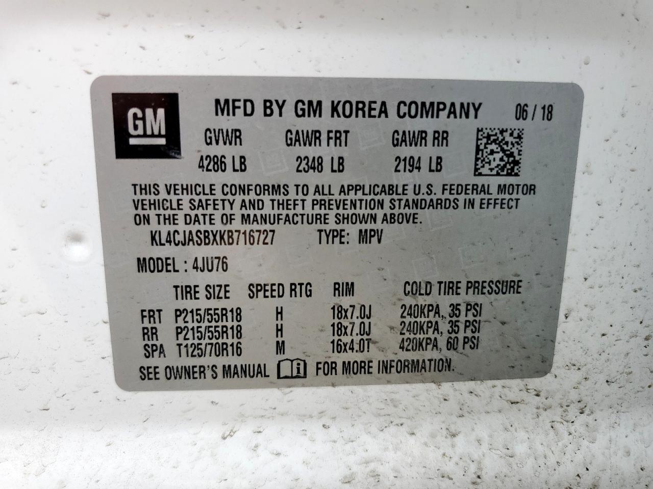 2019 Buick Encore Preferred VIN: KL4CJASBXKB716727 Lot: 58627745