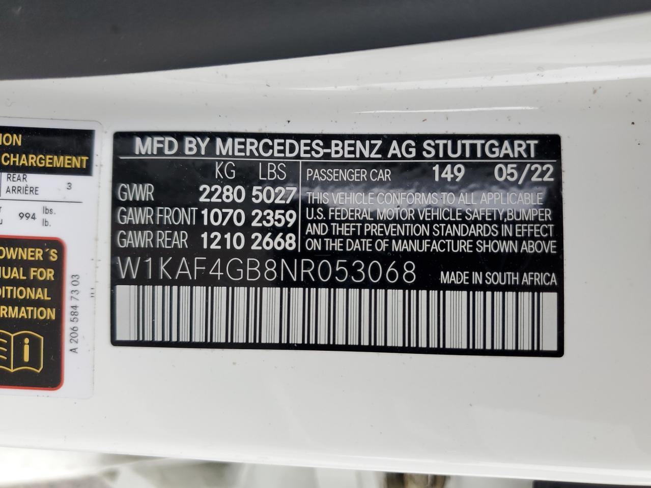2022 Mercedes-Benz C 300 VIN: W1KAF4GB8NR053068 Lot: 57099215