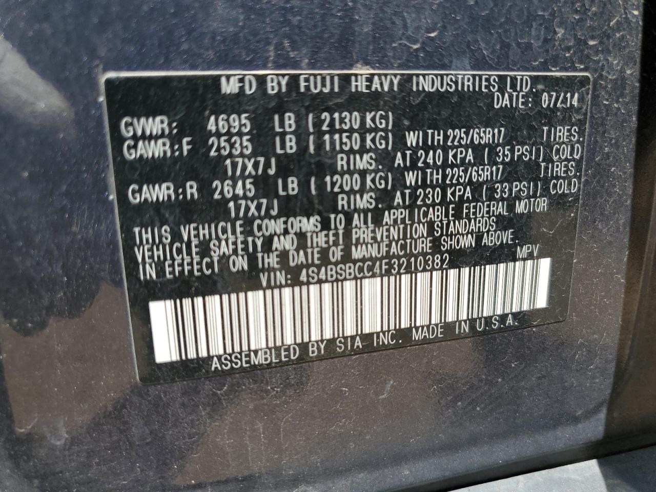 2015 Subaru Outback 2.5I Premium VIN: 4S4BSBCC4F3210382 Lot: 56550135