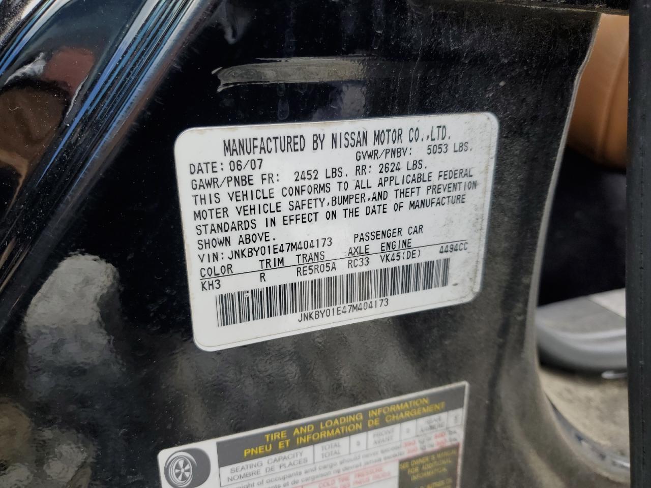 2007 Infiniti M45 Base VIN: JNKBY01E47M404173 Lot: 55929905