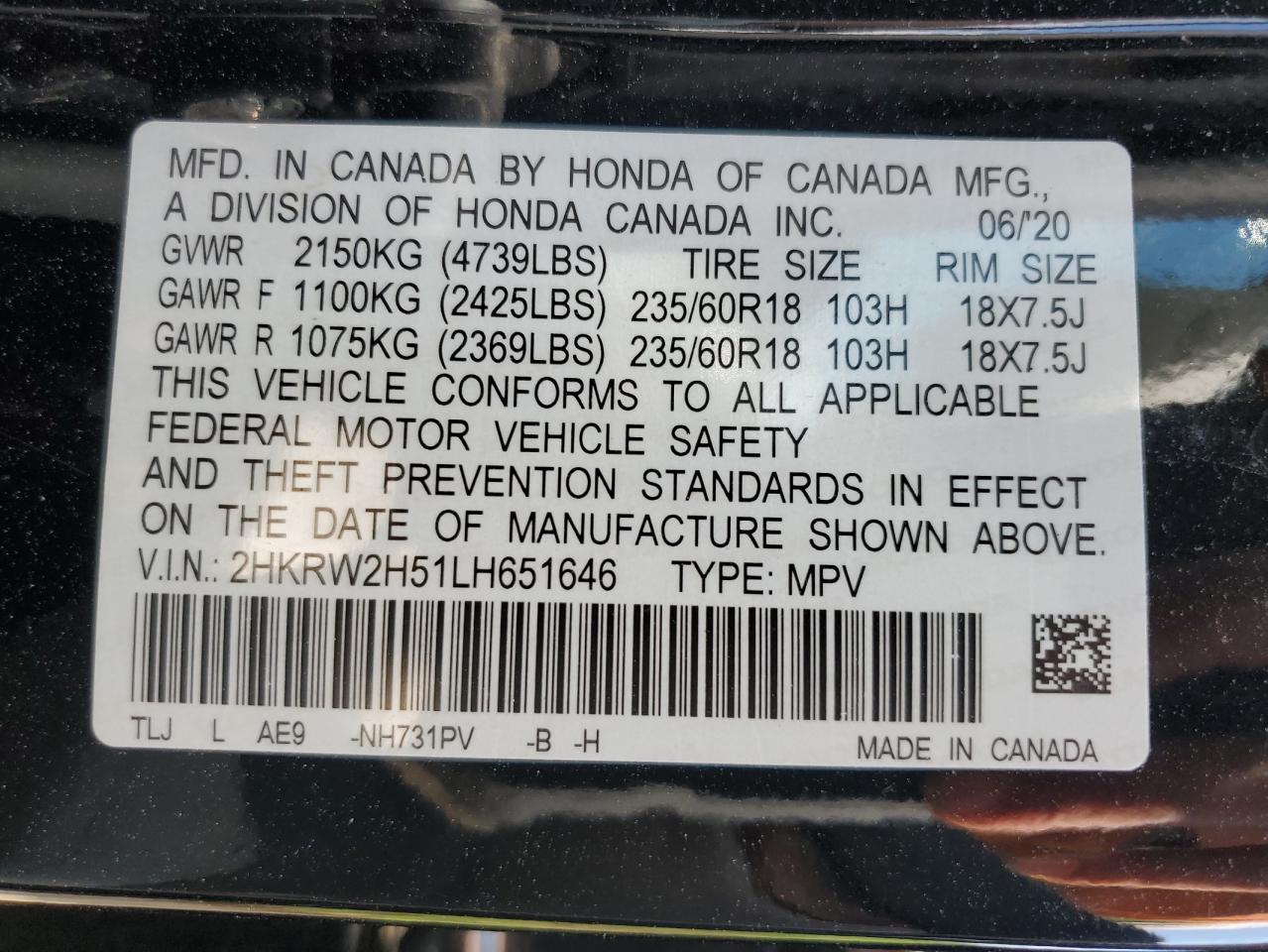 2020 Honda Cr-V Ex VIN: 2HKRW2H51LH651646 Lot: 56968535