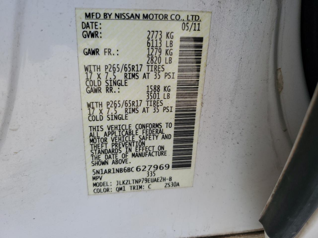 2011 Nissan Pathfinder S VIN: 5N1AR1NB6BC627969 Lot: 55785235