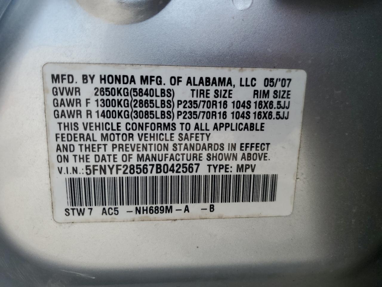 2007 Honda Pilot Exl VIN: 5FNYF28567B042567 Lot: 58194645