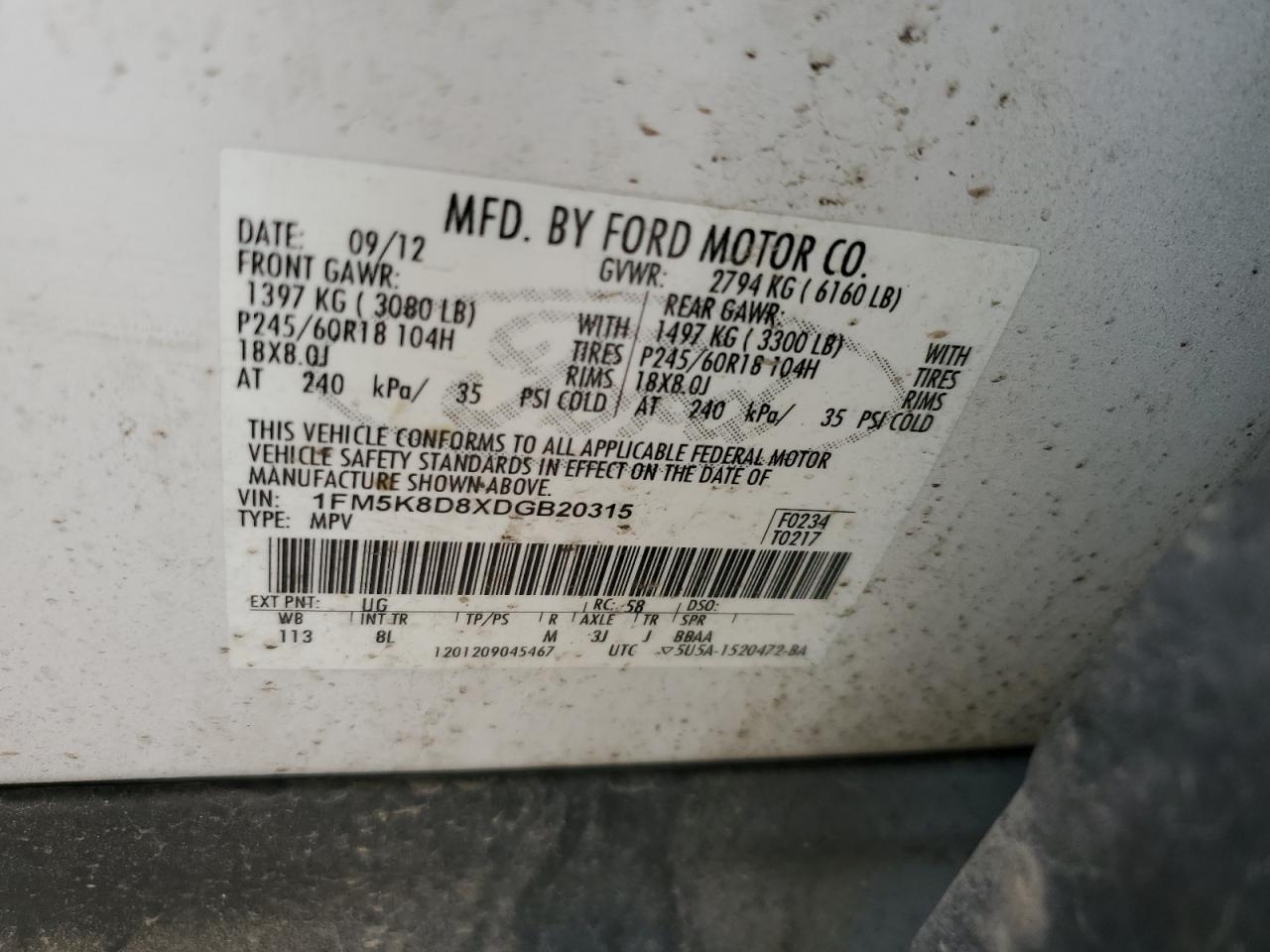 2013 Ford Explorer Xlt VIN: 1FM5K8D8XDGB20315 Lot: 58754775