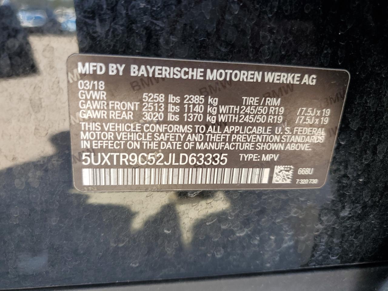 2018 BMW X3 xDrive30I VIN: 5UXTR9C52JLD63335 Lot: 56839655