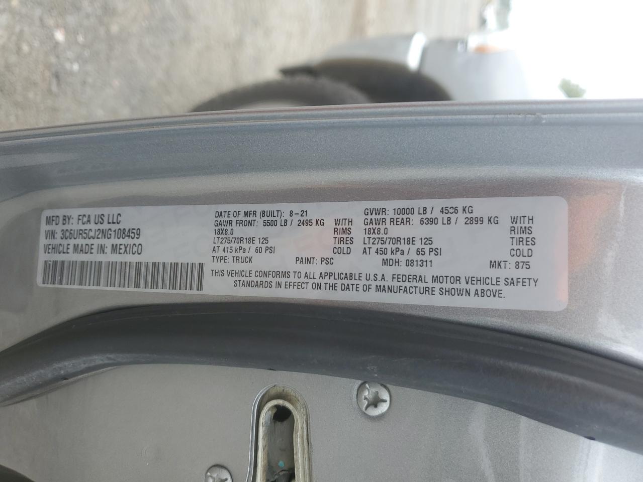 2022 Ram 2500 Tradesman VIN: 3C6UR5CJ2NG108459 Lot: 55957595