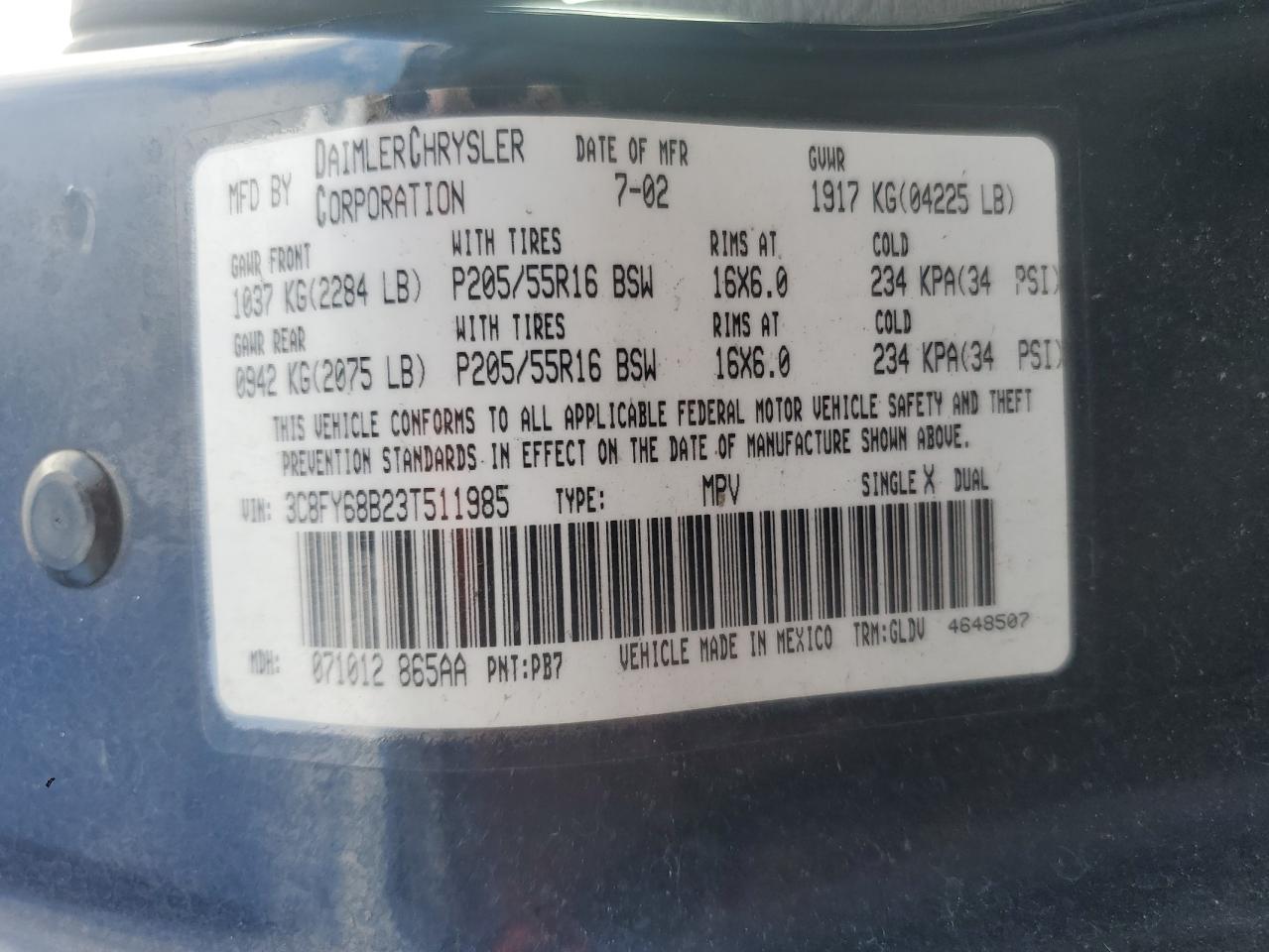 2003 Chrysler Pt Cruiser Limited VIN: 3C8FY68B23T511985 Lot: 58629355