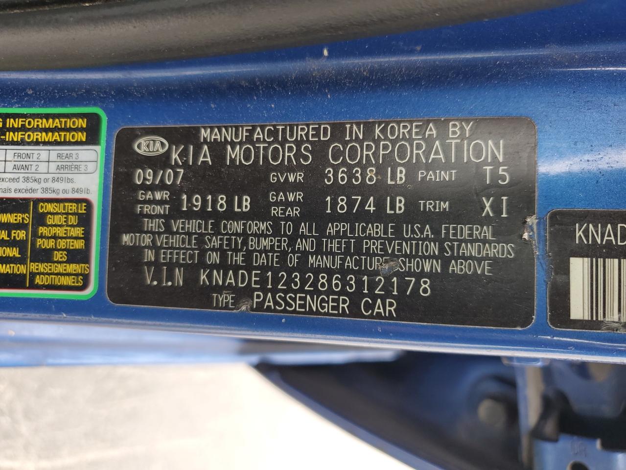 2008 Kia Rio Base VIN: KNADE123286312178 Lot: 55810005