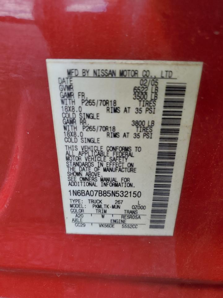 2005 Nissan Titan Xe VIN: 1N6BA07B85N532150 Lot: 56941425