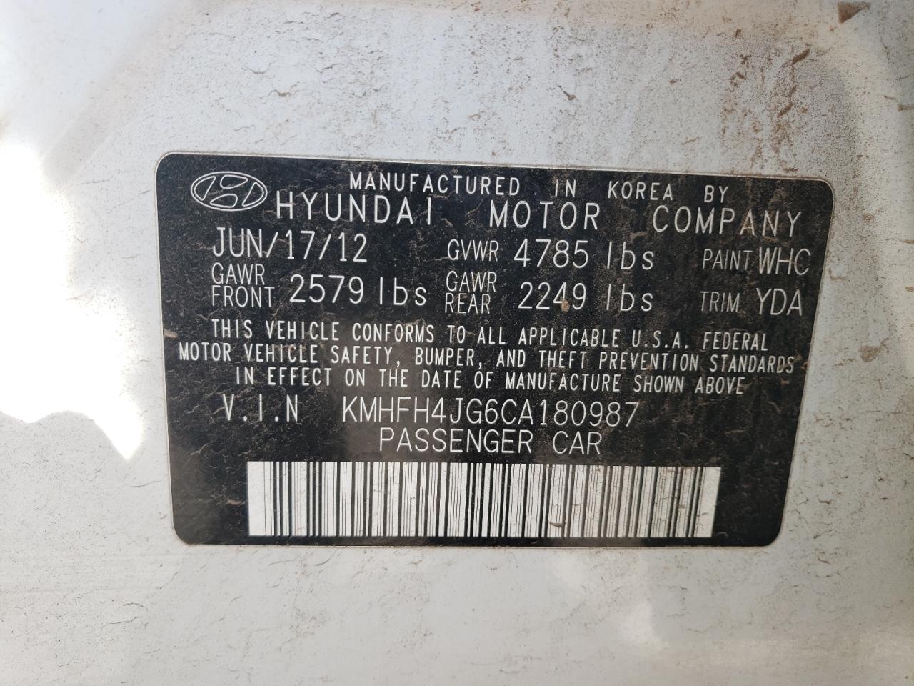 2012 Hyundai Azera Gls VIN: KMHFH4JG6CA180987 Lot: 55532395
