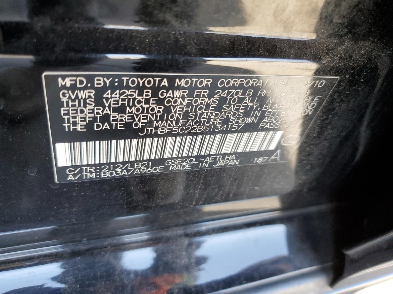 2011 Lexus Is 250 VIN: JTHBF5C22B5134157 Lot: 56076265