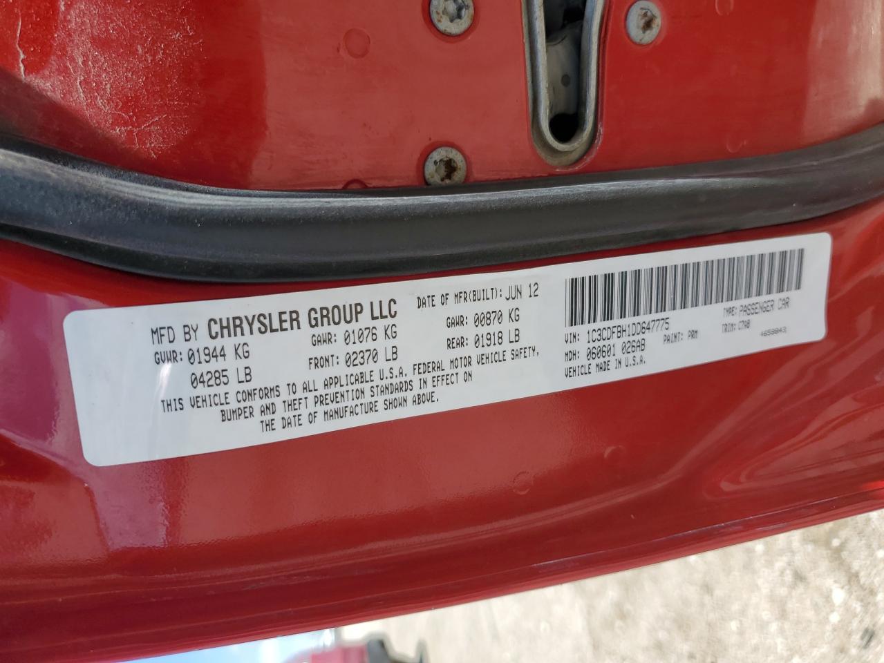 2013 Dodge Dart Sxt VIN: 1C3CDFBH1DD647775 Lot: 57845585