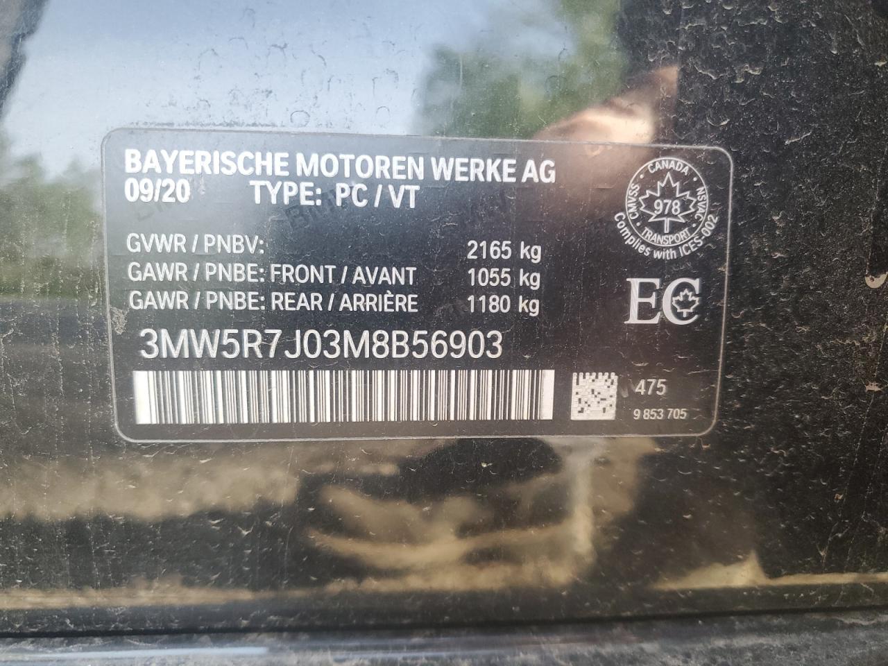2021 BMW 330Xi VIN: 3MW5R7J03M8B56903 Lot: 56915915
