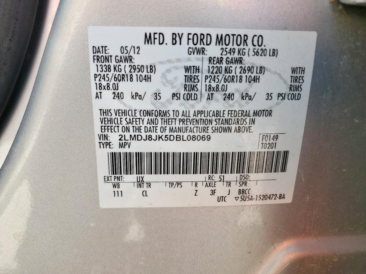 2013 Lincoln Mkx VIN: 2LMDJ8JK5DBL08069 Lot: 57140125