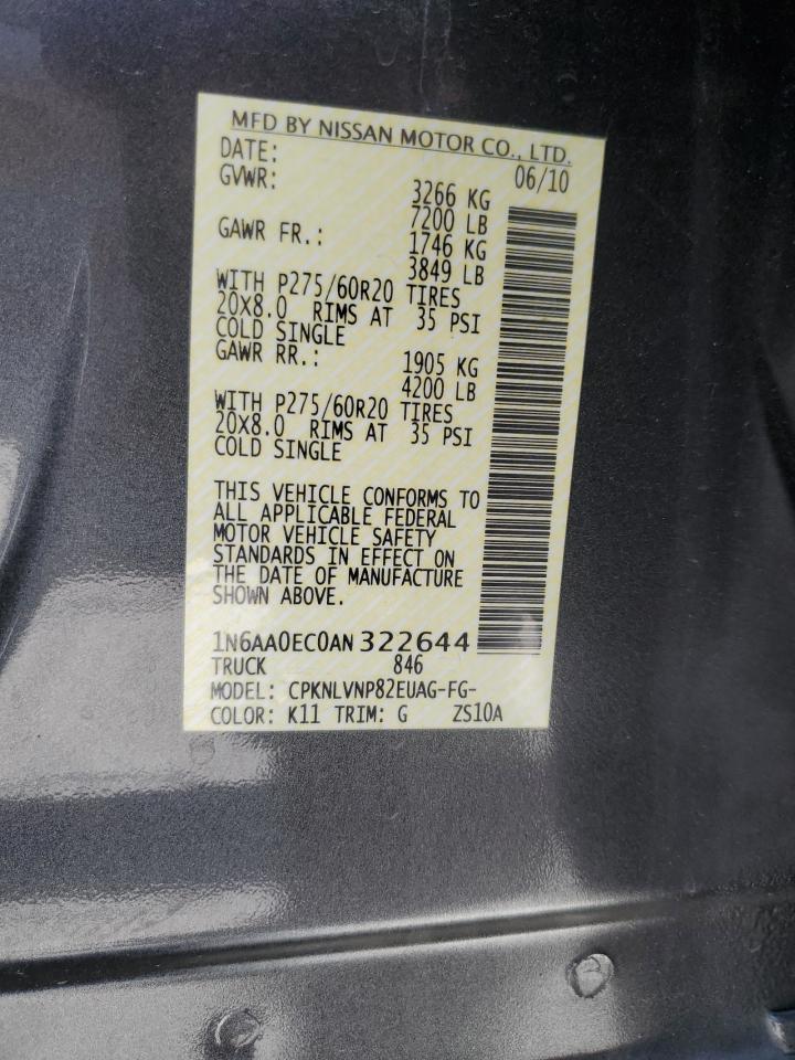 2010 Nissan Titan Xe VIN: 1N6AA0EC0AN322644 Lot: 58432415