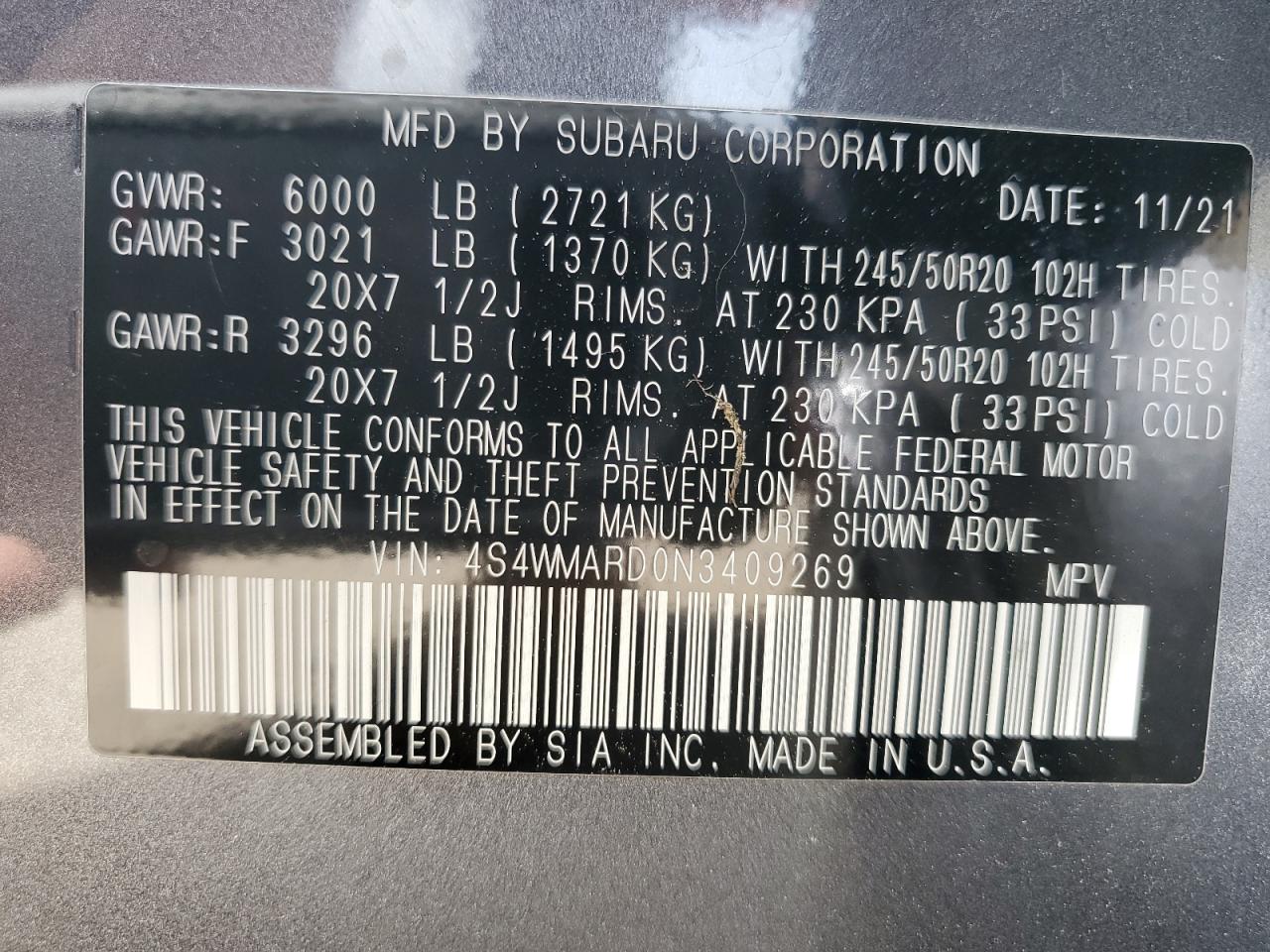 2022 Subaru Ascent Touring VIN: 4S4WMARD0N3409269 Lot: 56928405