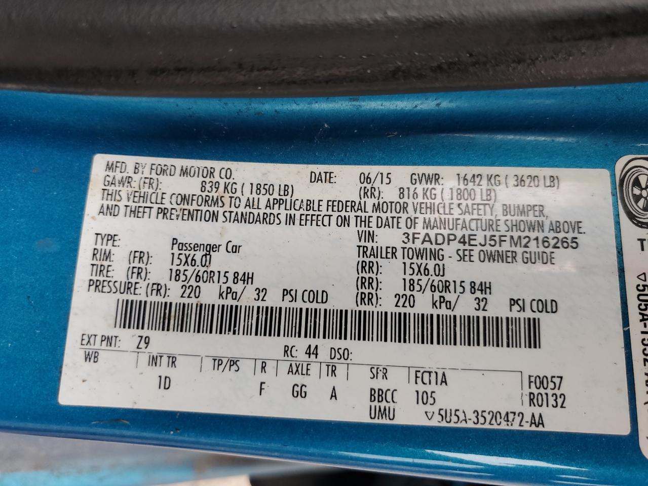 2015 Ford Fiesta Se VIN: 3FADP4EJ5FM216265 Lot: 55835495