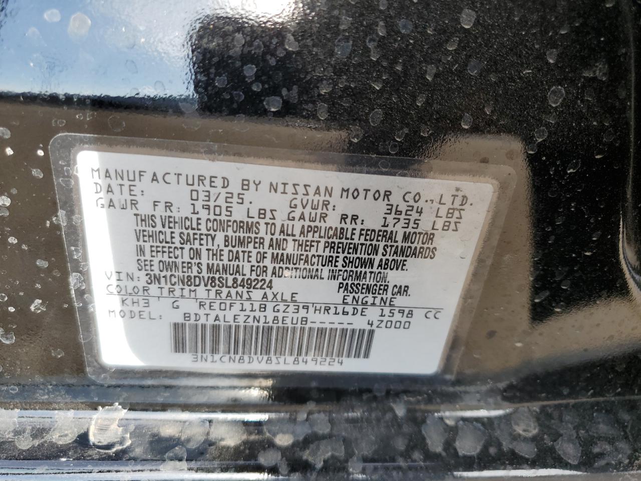 2025 Nissan Versa S VIN: 3N1CN8DV8SL849224 Lot: 59196665