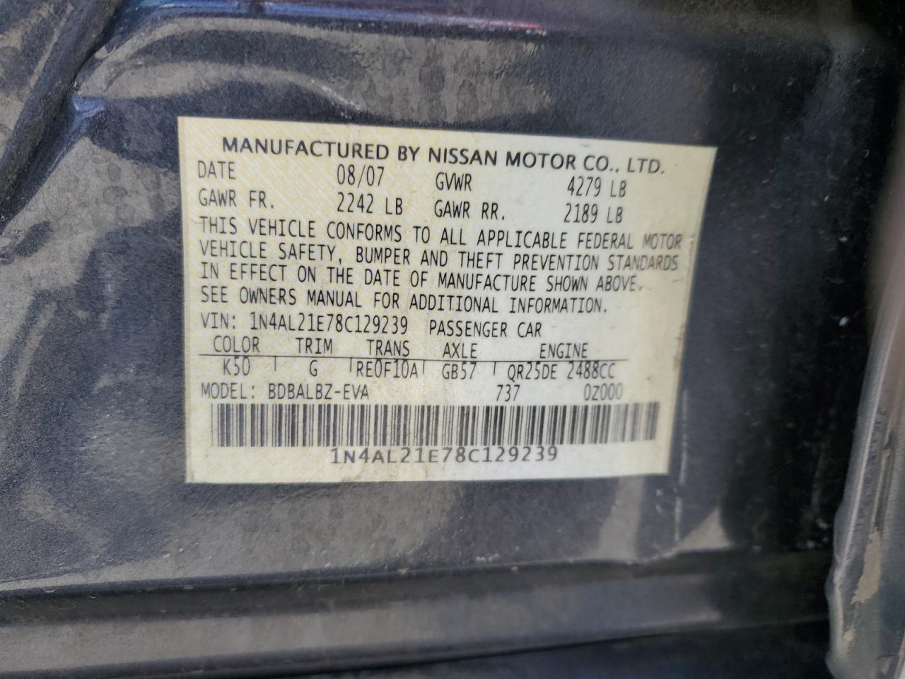 2008 Nissan Altima 2.5 VIN: 1N4AL21E78C129239 Lot: 56730675