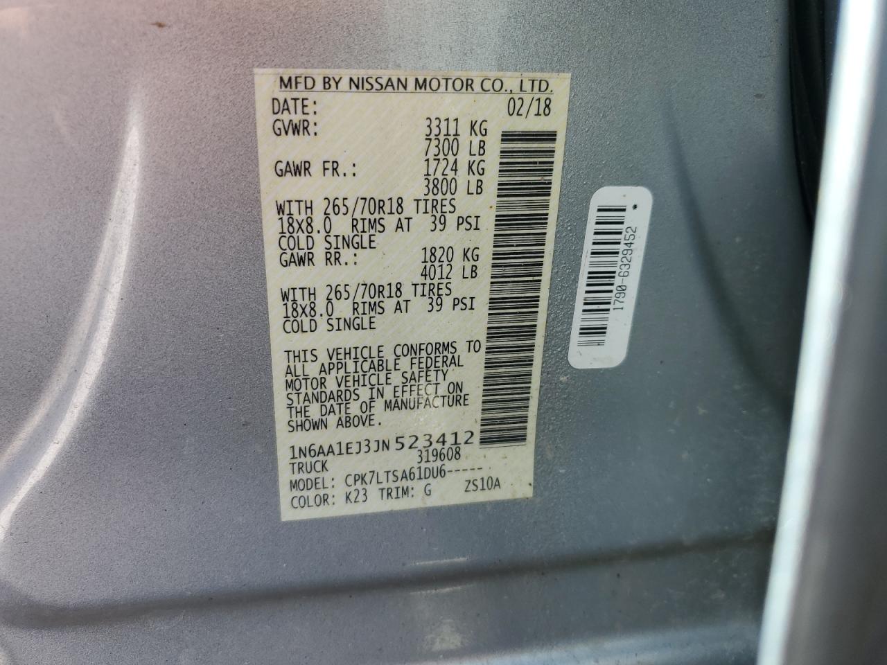 2018 Nissan Titan S VIN: 1N6AA1EJ3JN523412 Lot: 70660695