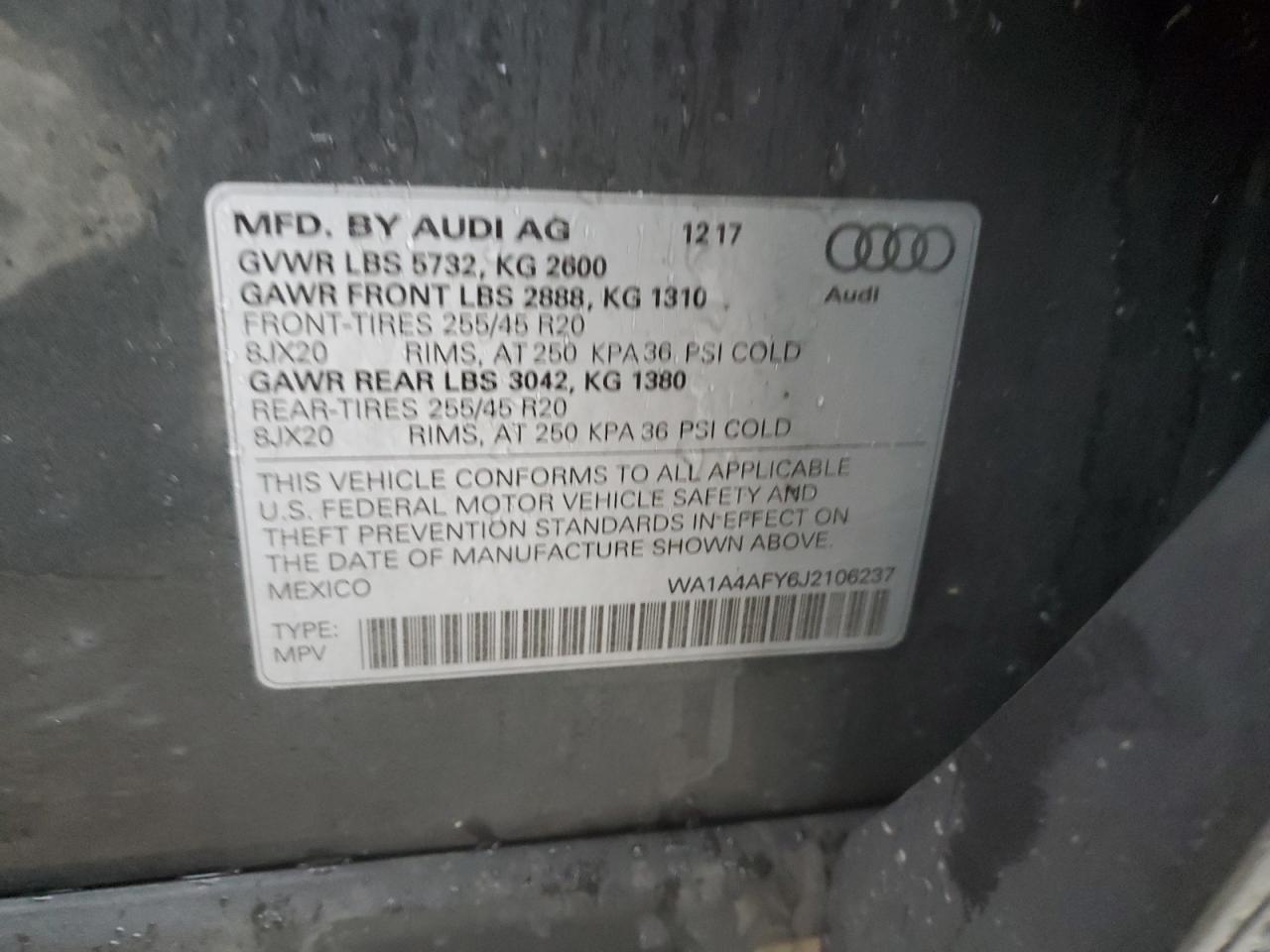 2018 Audi Sq5 Premium Plus VIN: WA1A4AFY6J2106237 Lot: 55771355