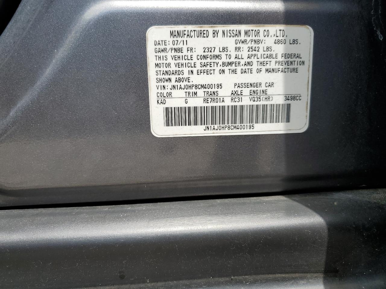 2012 Infiniti Ex35 Base VIN: JN1AJ0HP8CM400195 Lot: 58467305