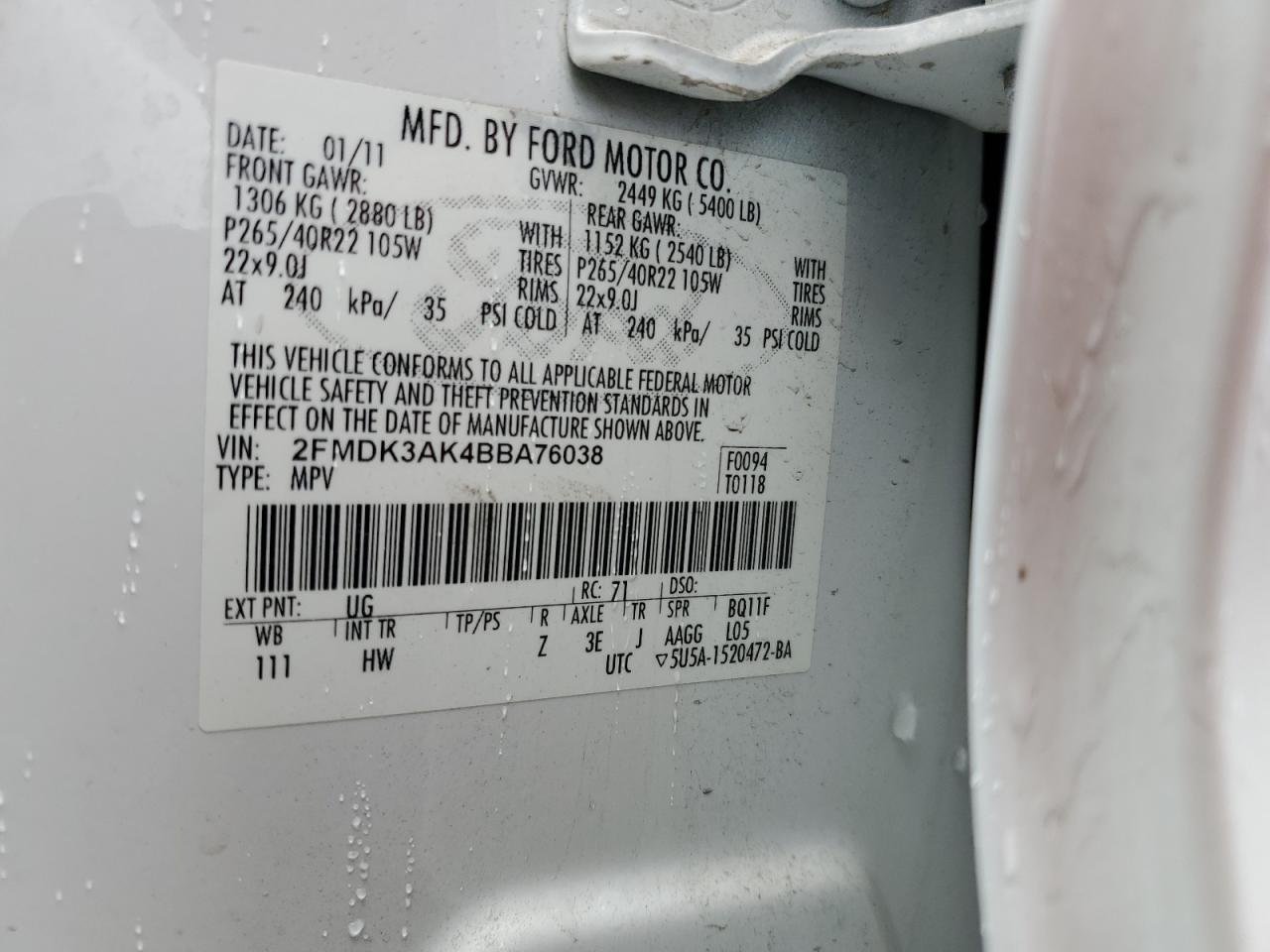 2011 Ford Edge Sport VIN: 2FMDK3AK4BBA76038 Lot: 57173985