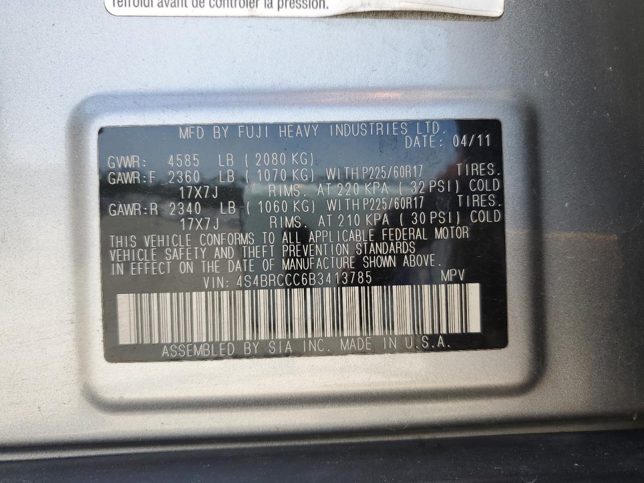 2011 Subaru Outback 2.5I Premium VIN: 4S4BRCCC6B3413785 Lot: 58769535