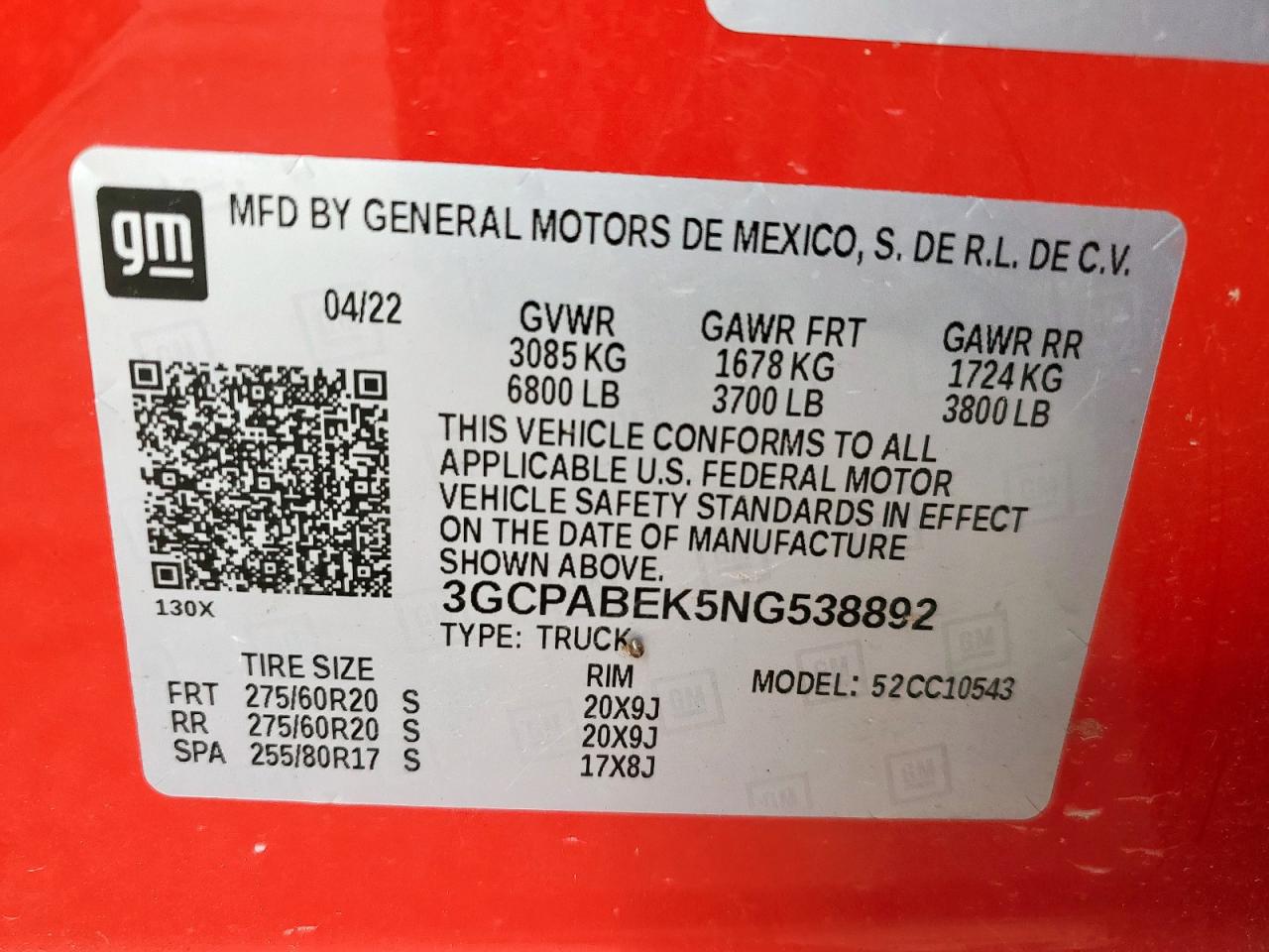2022 Chevrolet Silverado C1500 Custom VIN: 3GCPABEK5NG538892 Lot: 57266365