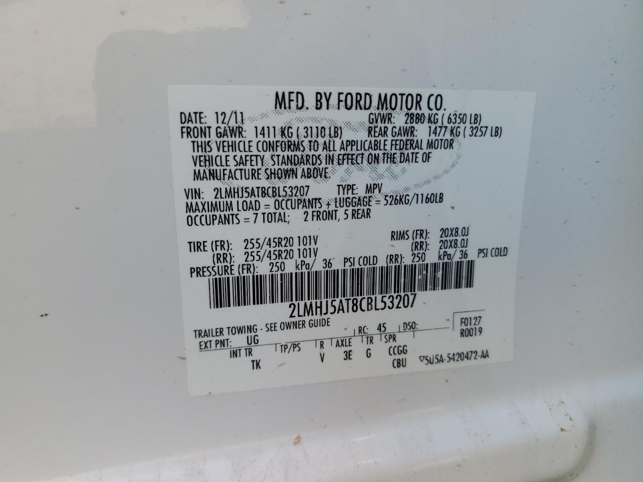 2012 Lincoln Mkt VIN: 2LMHJ5AT8CBL53207 Lot: 55492075