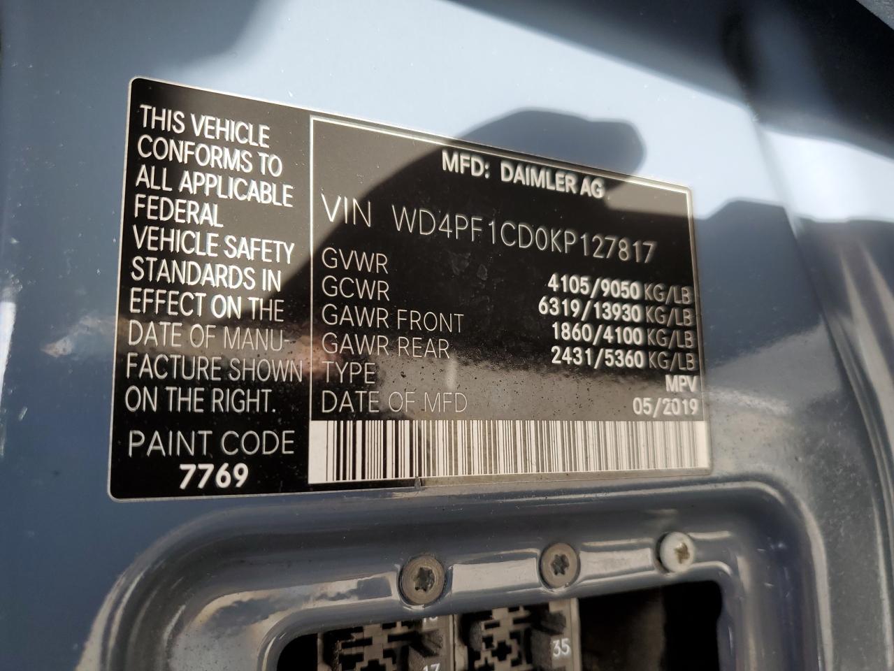 2019 Mercedes-Benz Sprinter 2500/3500 VIN: WD4PF1CD0KP127817 Lot: 57148055
