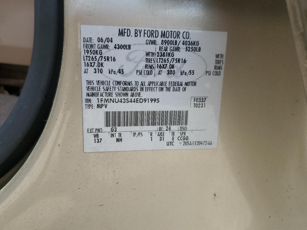 2004 Ford Excursion Limited VIN: 1FMNU43S44ED91995 Lot: 55255795