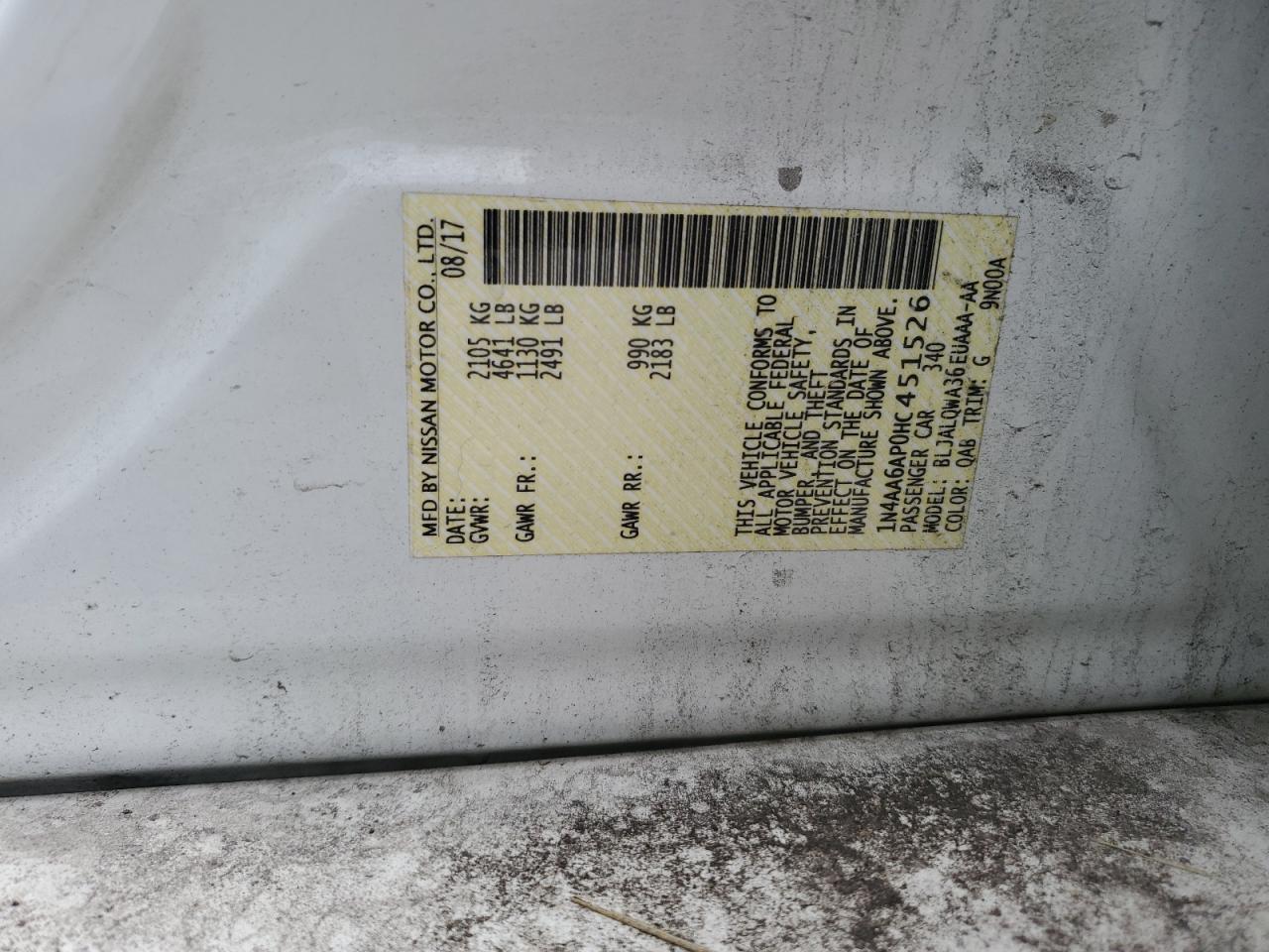 2017 Nissan Maxima 3.5S VIN: 1N4AA6AP0HC451526 Lot: 56852265
