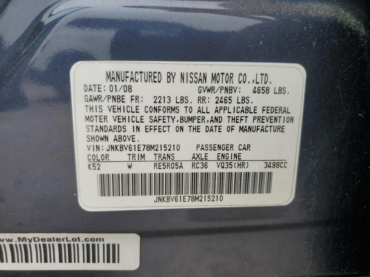 2008 Infiniti G35 VIN: JNKBV61E78M215210 Lot: 58427055