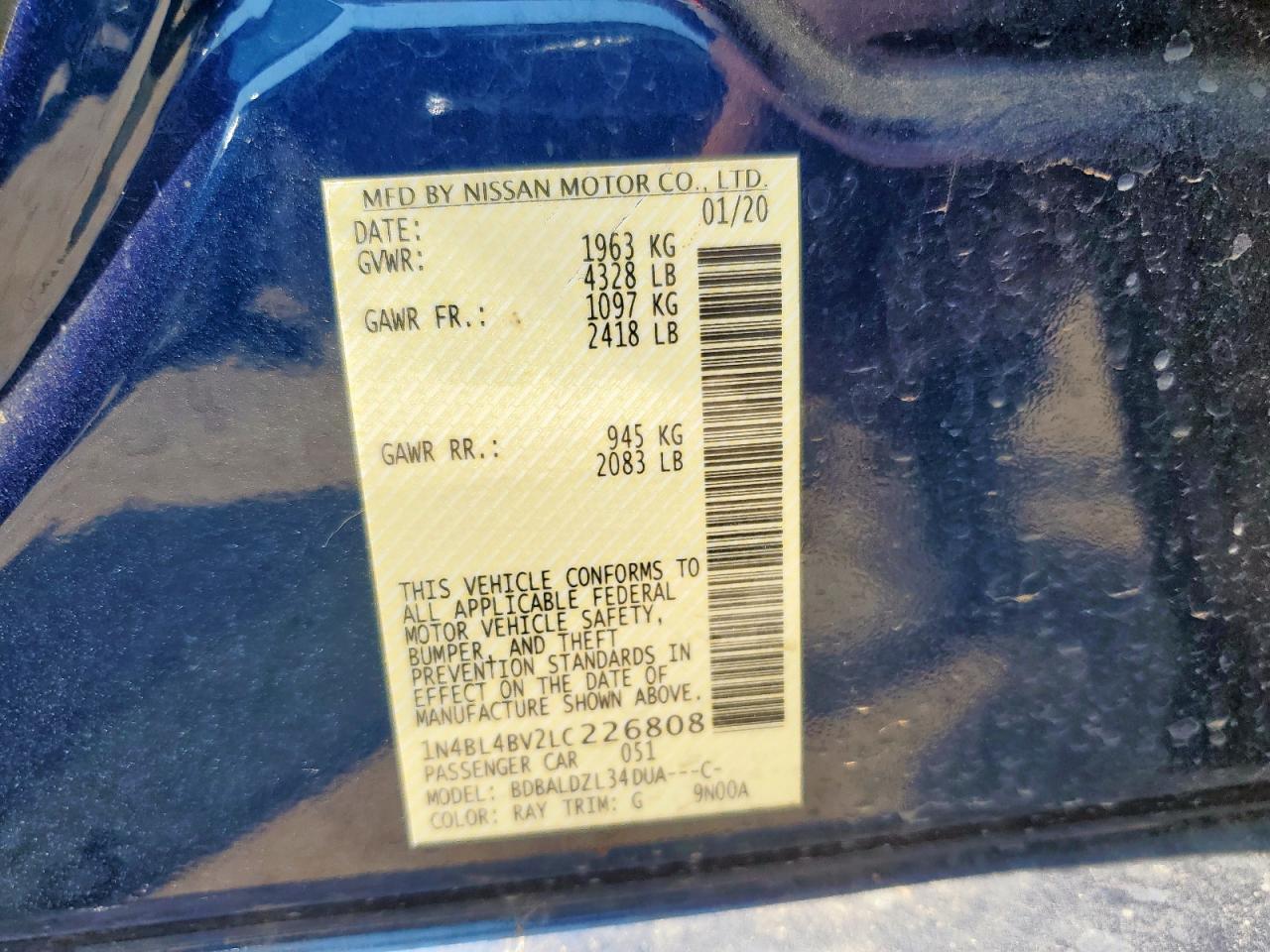 2020 Nissan Altima S VIN: 1N4BL4BV2LC226808 Lot: 57365605