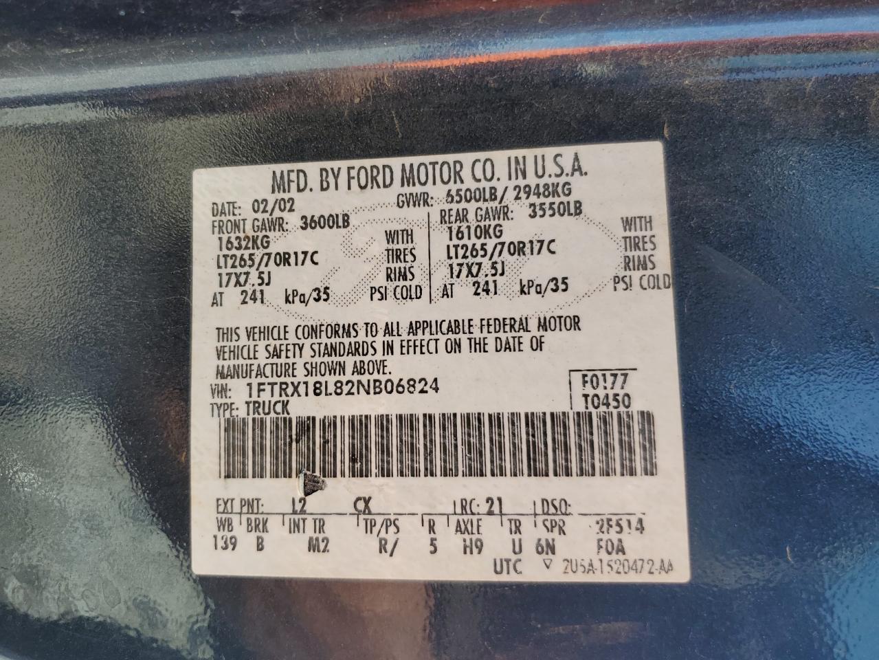 2002 Ford F150 VIN: 1FTRX18L82NB06824 Lot: 57342315