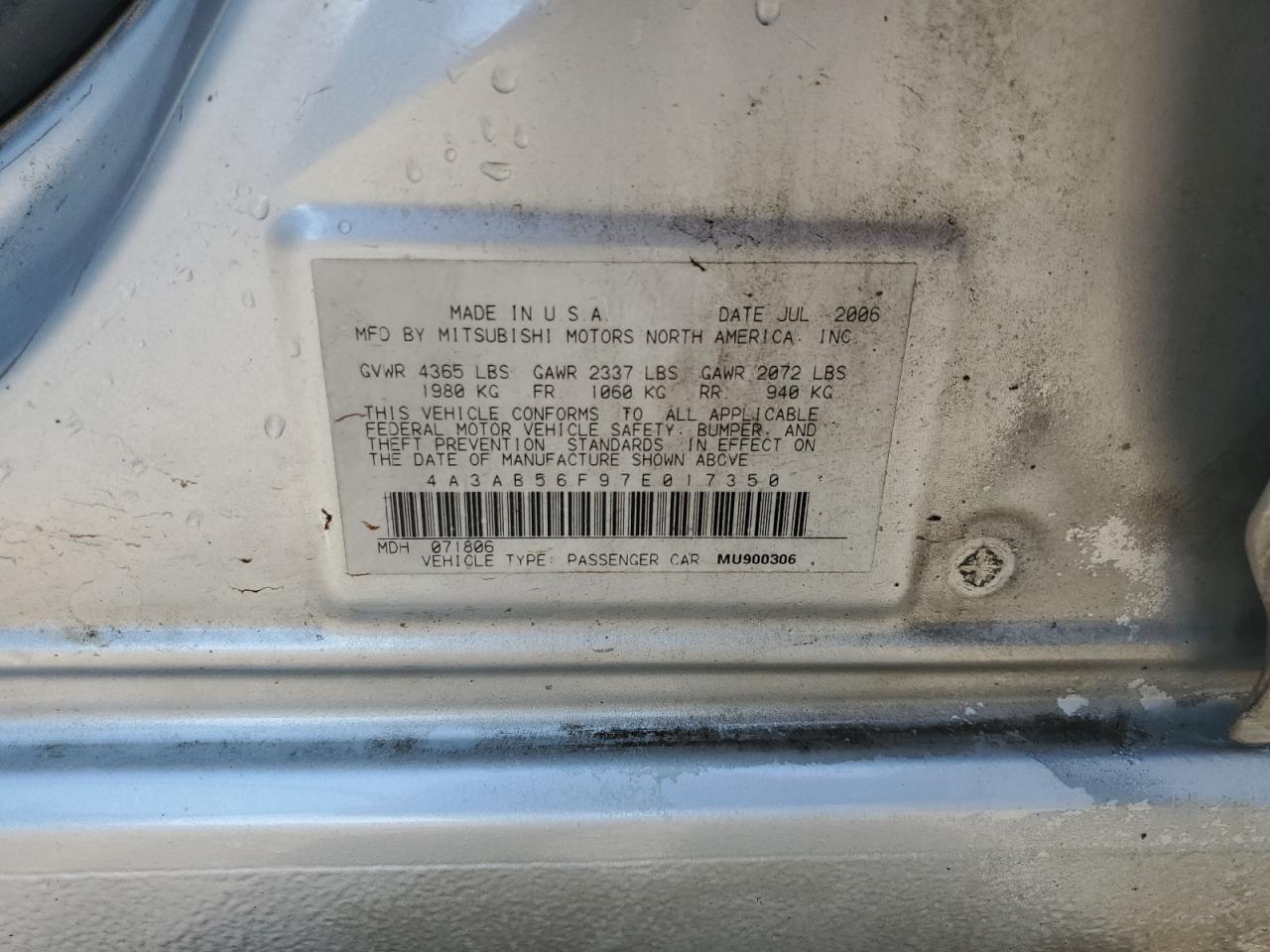 2007 Mitsubishi Galant Es Premium VIN: 4A3AB56F97E017350 Lot: 56183415