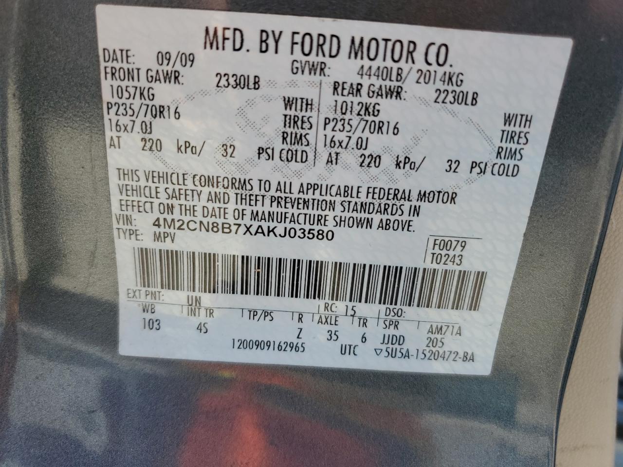 2010 Mercury Mariner VIN: 4M2CN8B7XAKJ03580 Lot: 57269525