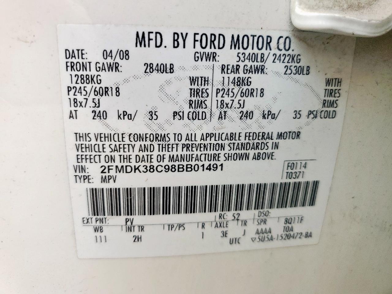 2008 Ford Edge Sel VIN: 2FMDK38C98BB01491 Lot: 58951995