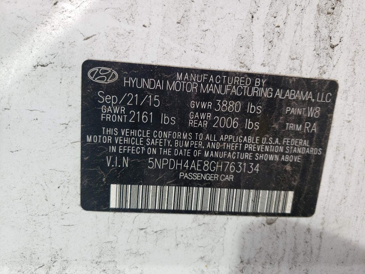 2016 Hyundai Elantra Se VIN: 5NPDH4AE8GH763134 Lot: 54903325