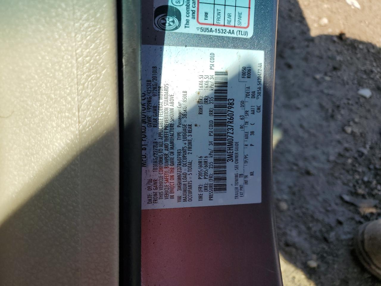 2007 Mercury Milan VIN: 3MEHM07Z37R607983 Lot: 55635415