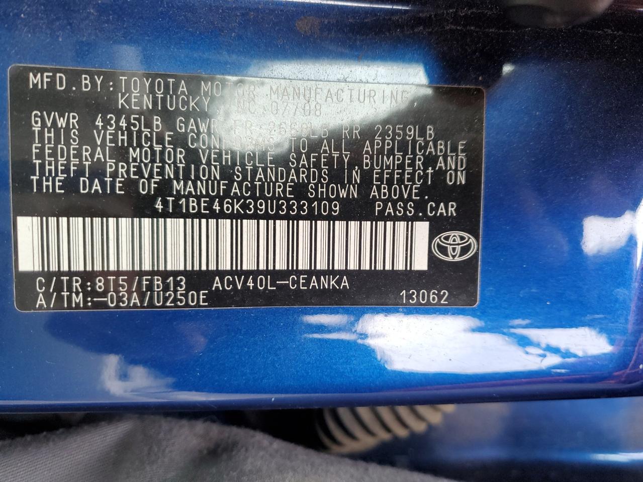 2009 Toyota Camry Base VIN: 4T1BE46K39U333109 Lot: 57632165